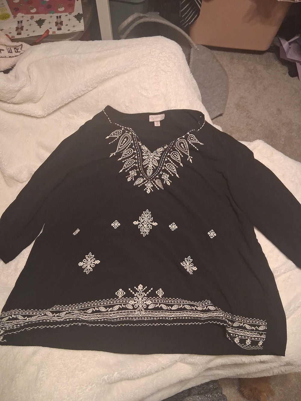 Black Embroidered V-Neck Tunic